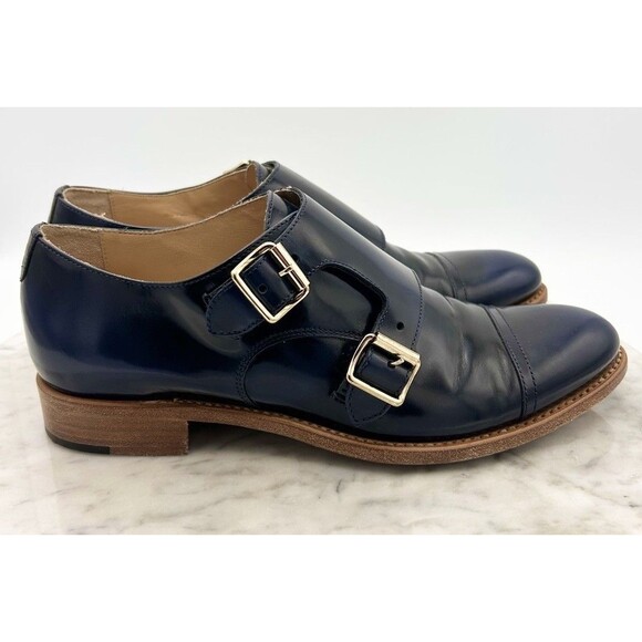 The Office Of ANGELA SCOTT French Navy Blue Leather Monkstrap Shoes 38 Mr. Colin - Picture 6 of 10